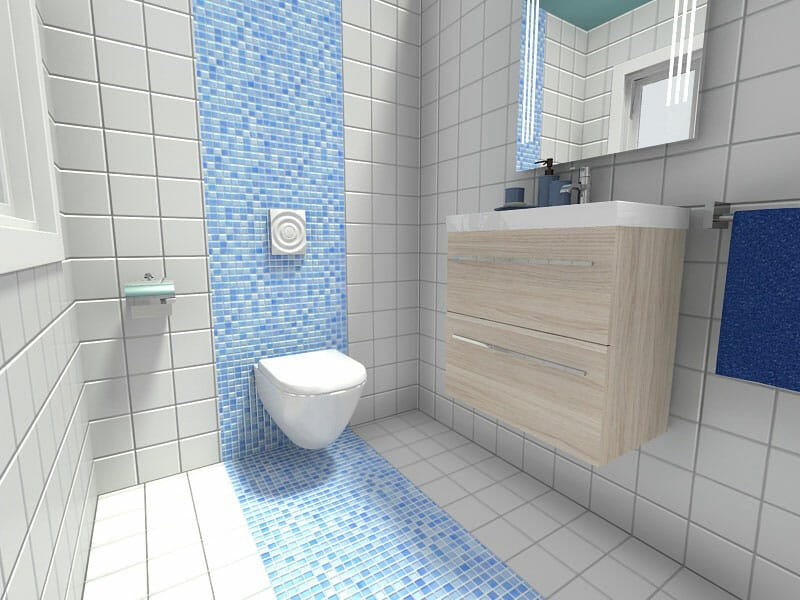 Phòng tắm nhỏ với bức tường gạch khảm màu xanh lam nổi bật