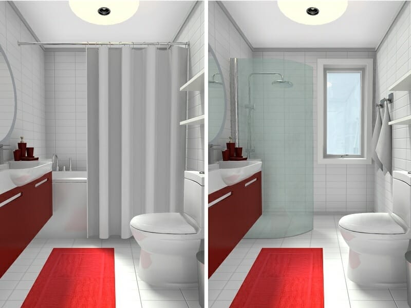 Phòng tắm nhỏ với bồn tắm so với vòi hoa sen trước và sau