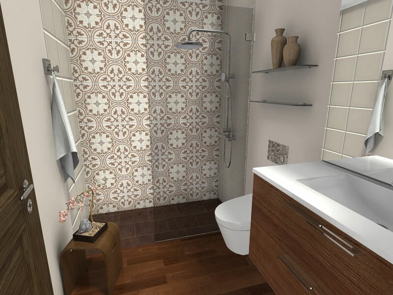 Phòng tắm với Sàn gỗ & Vòi sen không ồn ào