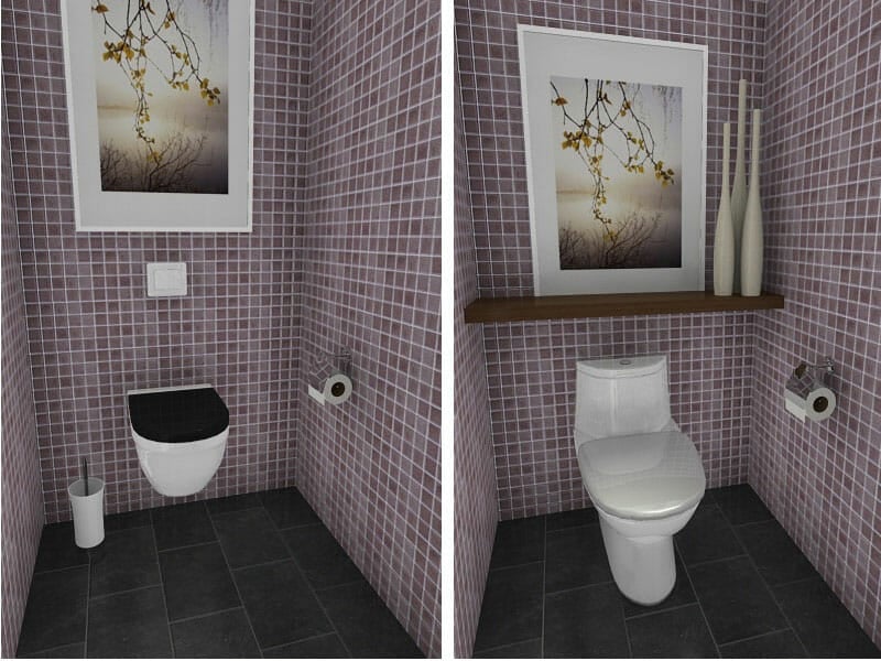 Phòng tắm nhỏ với nhà vệ sinh & giá treo tường