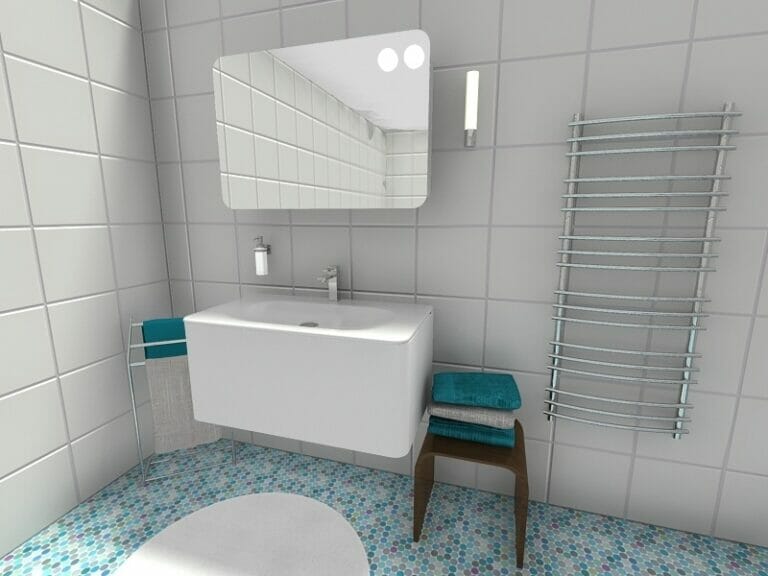 Ý tưởng thiết kế phòng tắm với bàn trang điểm hiện đại treo tường với cạnh tròn