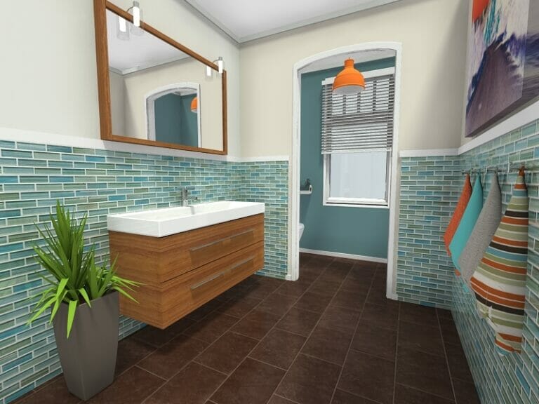 Ý tưởng thiết kế phòng tắm với bàn trang điểm treo tường và bồn rửa chén