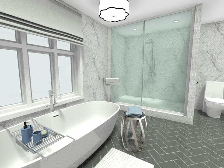 Ý tưởng thiết kế phòng tắm hiện đại màu trắng với sàn lát gạch xương cá