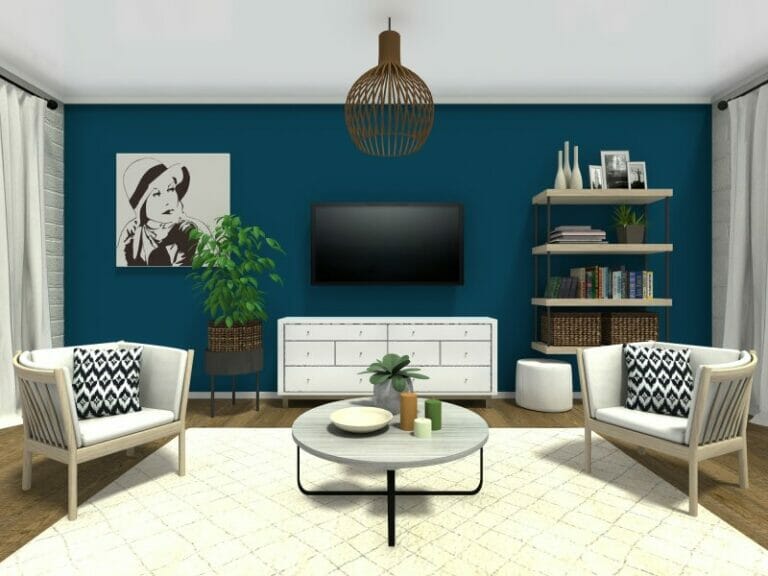 Living Room Ideas - Living Room with dark blue wall color and corner sofa